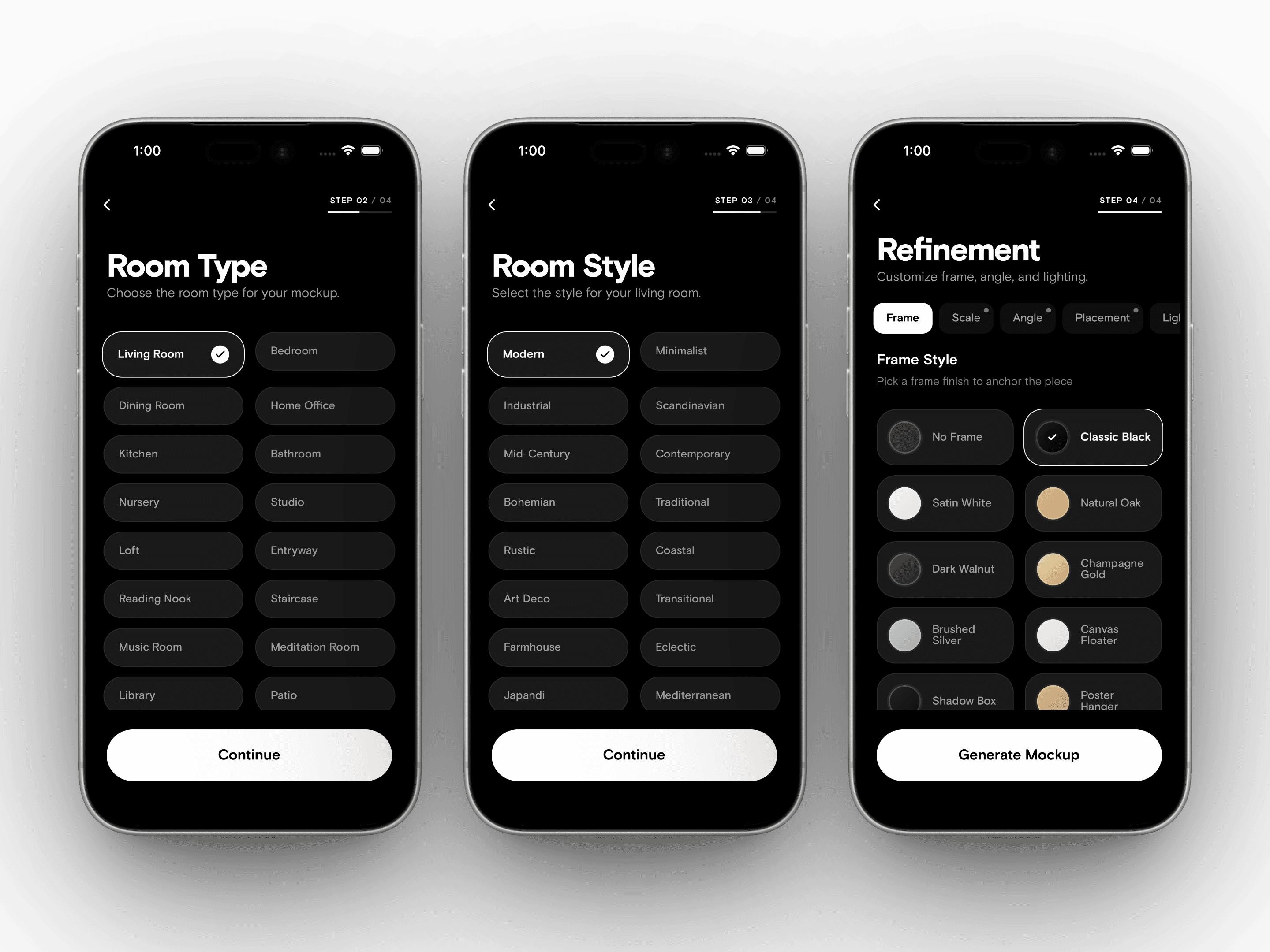 Three iPhones showing customization options